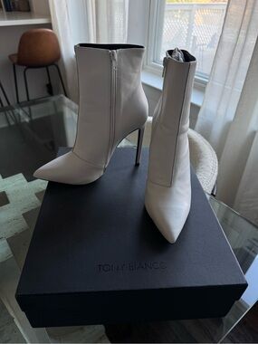 Tony Bianco White Pointed Stiletto Ankle Boots
